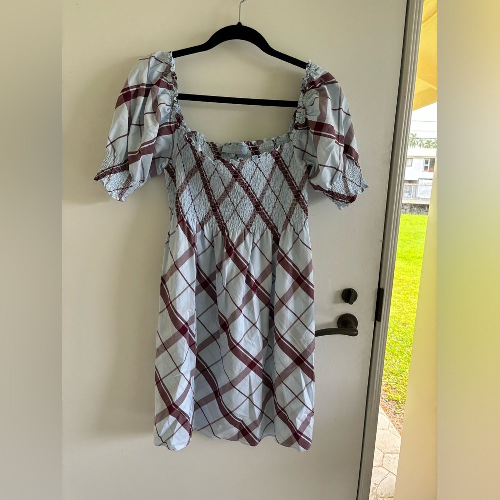 Hill House The Athena Matilda Plaid Short Puff Sleeves Mini Nap Dress preppy